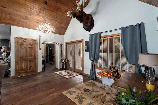 entrance foyer with high vaulted ceiling, french doors, wood ceiling, dark hardwood / wood-style flooring, and an inviting chandelier