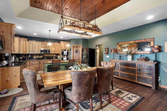 dining area featuring dark wood-type flooring, sink, wood ceiling, and a raised ceiling