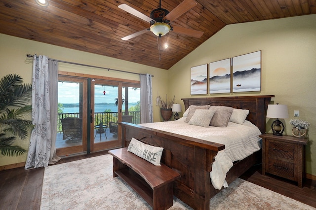 bedroom featuring ceiling fan, wooden ceiling, dark wood-type flooring, lofted ceiling, and access to outside