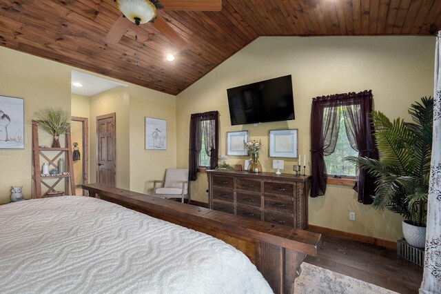 bedroom featuring hardwood / wood-style flooring, wood ceiling, and vaulted ceiling