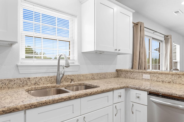 kitchen featuring white cabinets, plenty of natural light, sink, and dishwasher