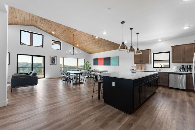 kitchen with high vaulted ceiling, hardwood / wood-style floors, a center island, decorative light fixtures, and dishwasher