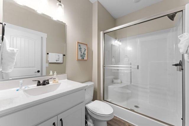 bathroom with vanity, a shower with door, toilet, and wood-type flooring