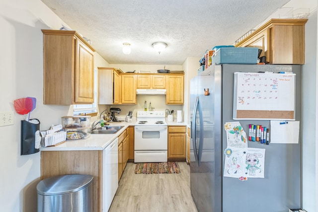 kitchen featuring white appliances, a textured ceiling, sink, and light wood-type flooring