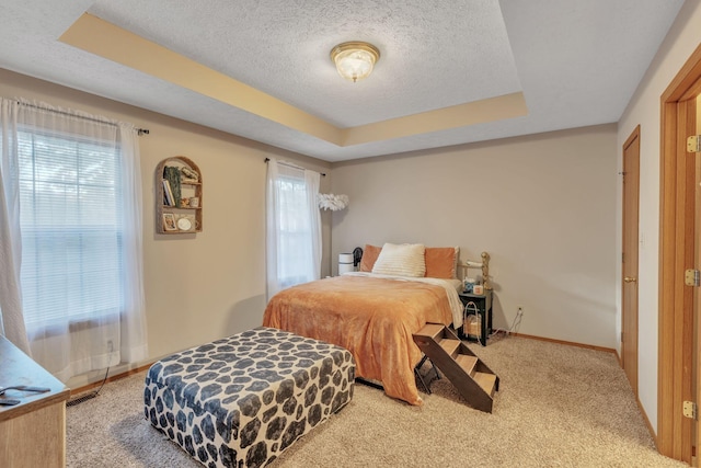 bedroom featuring multiple windows, a textured ceiling, light colored carpet, and a raised ceiling