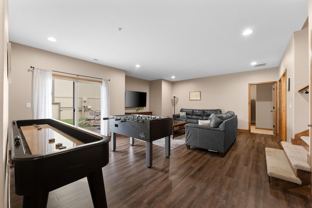 playroom featuring visible vents, dark wood-style floors, and recessed lighting