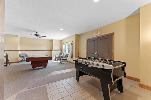 recreation room featuring pool table, ceiling fan, light colored carpet, baseboards, and recessed lighting