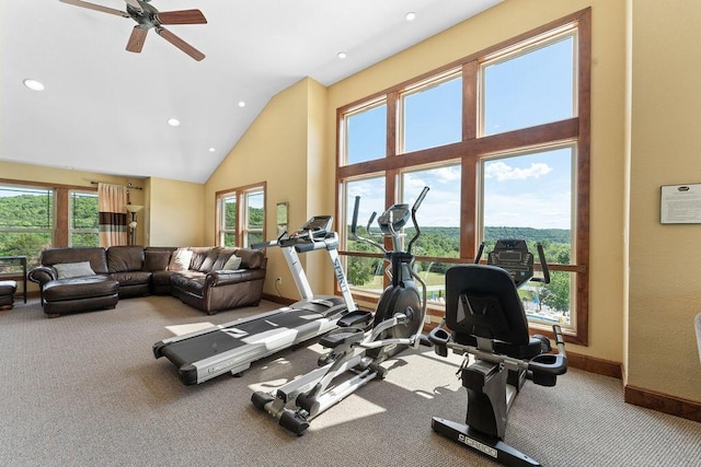 workout area with baseboards, carpet flooring, high vaulted ceiling, and ceiling fan