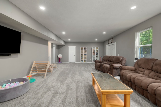 carpeted living room with a textured ceiling