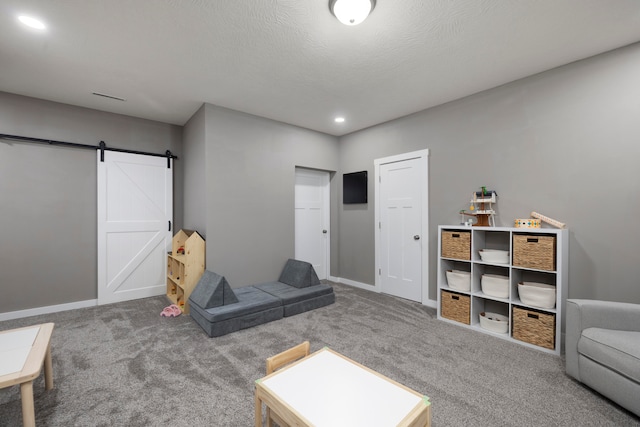 interior space featuring a barn door, a textured ceiling, and carpet flooring