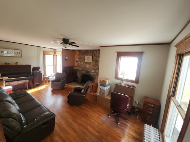 living room featuring plenty of natural light, radiator heating unit, and wood-type flooring