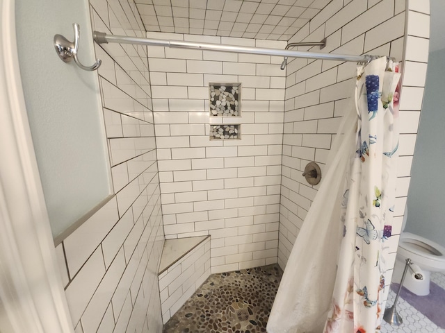 bathroom with a shower with curtain and toilet