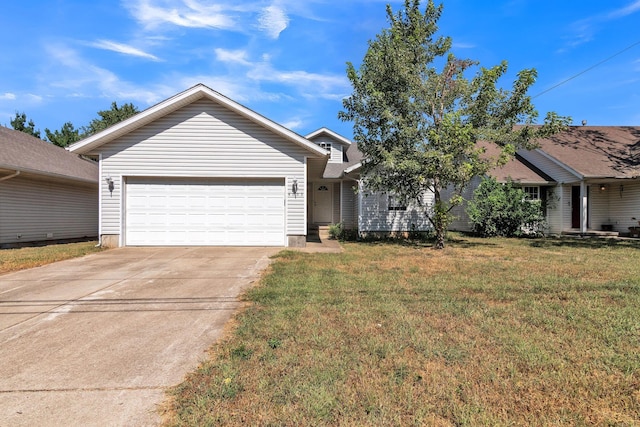 ranch-style home with a garage and a front lawn