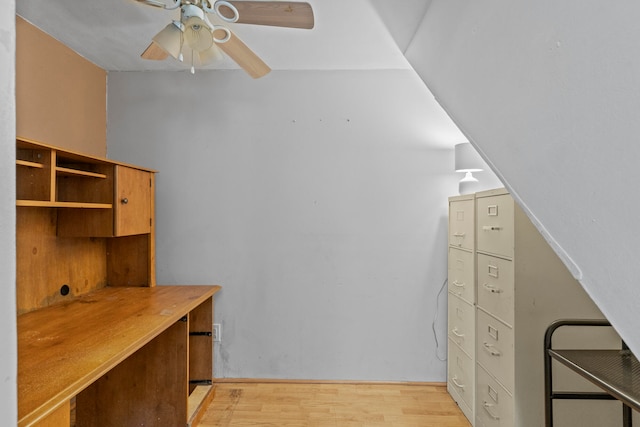 office area with ceiling fan and light hardwood / wood-style flooring