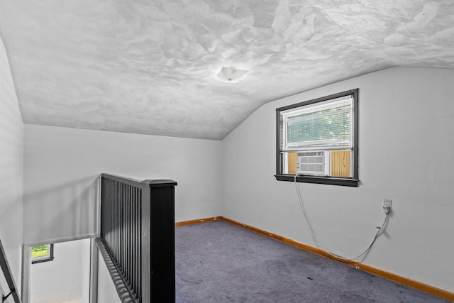 additional living space featuring a textured ceiling, lofted ceiling, and carpet flooring