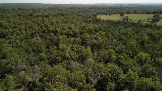 bird's eye view featuring a wooded view