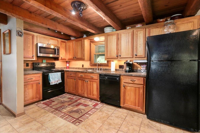 kitchen with beamed ceiling, wood ceiling, a sink, and black appliances