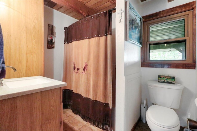 bathroom featuring beamed ceiling, wooden ceiling, a shower with curtain, and toilet