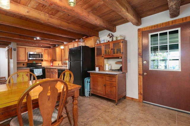 dining space with sink, beam ceiling, and wooden ceiling