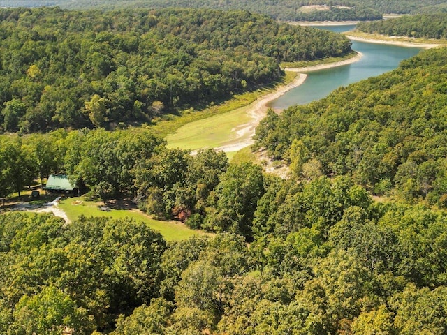 bird's eye view with a wooded view and a water view