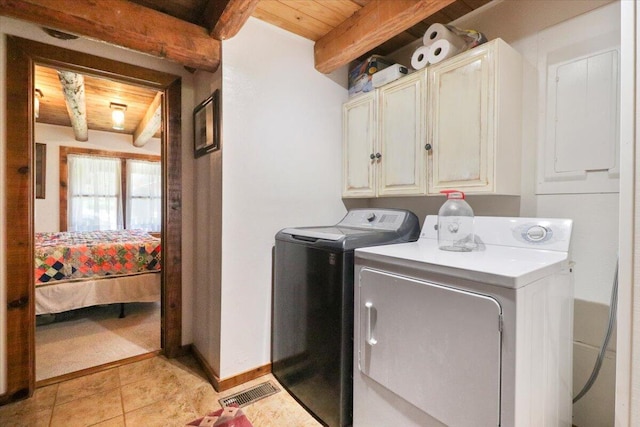 clothes washing area featuring electric panel, cabinets, washing machine and clothes dryer, wood ceiling, and light tile patterned floors