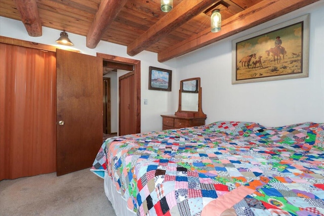 bedroom with light carpet, beamed ceiling, and wooden ceiling