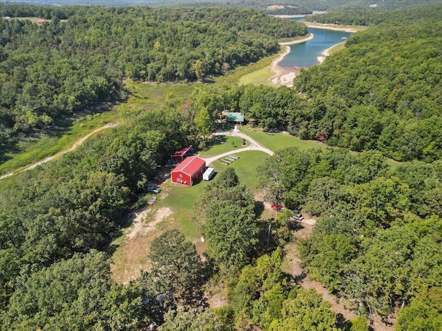 drone / aerial view with a view of trees and a water view