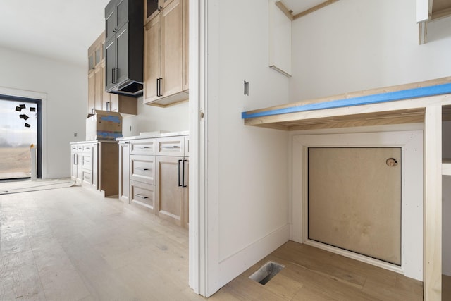 kitchen with light brown cabinetry and light wood-type flooring