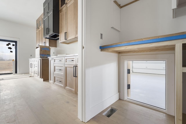 kitchen with light brown cabinets and light hardwood / wood-style flooring