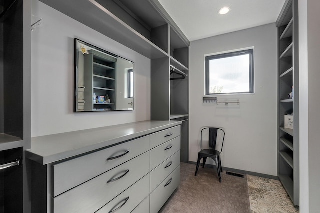 walk in closet with light colored carpet