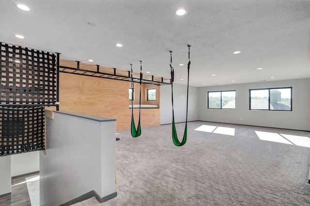 interior space featuring carpet and a textured ceiling