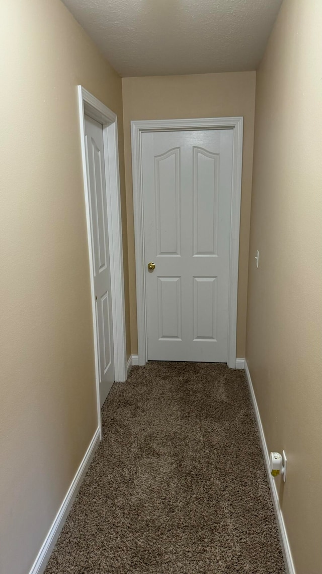 hall featuring carpet and a textured ceiling