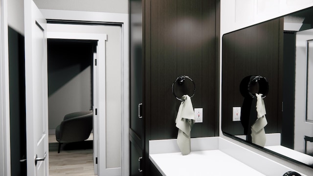 bathroom with wood finished floors and vanity