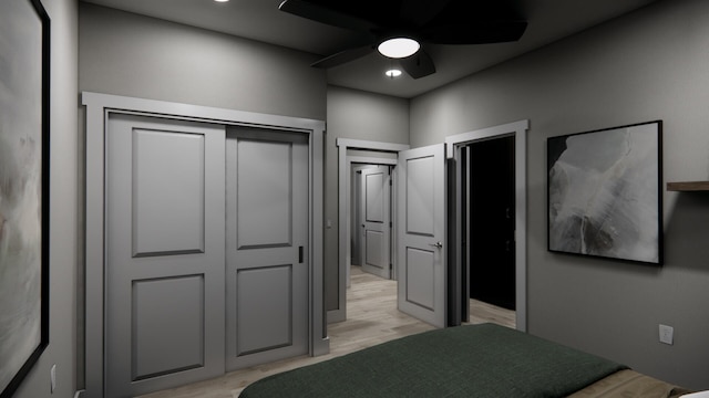 bedroom featuring ceiling fan, recessed lighting, and light wood-style flooring