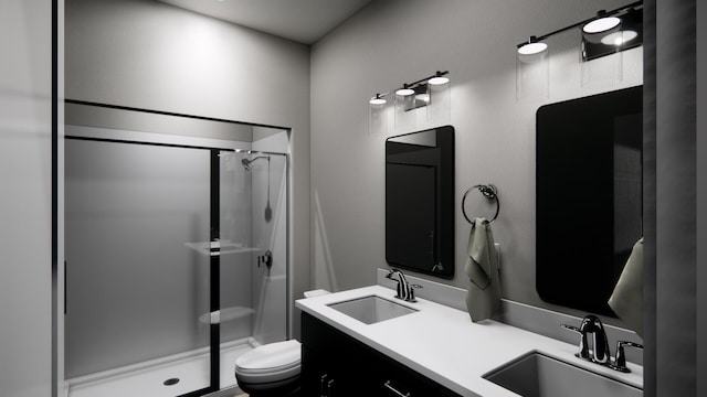 full bath with double vanity, a shower stall, toilet, and a sink