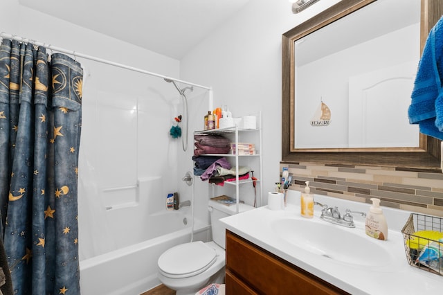 full bathroom with toilet, shower / tub combo with curtain, vanity, and backsplash