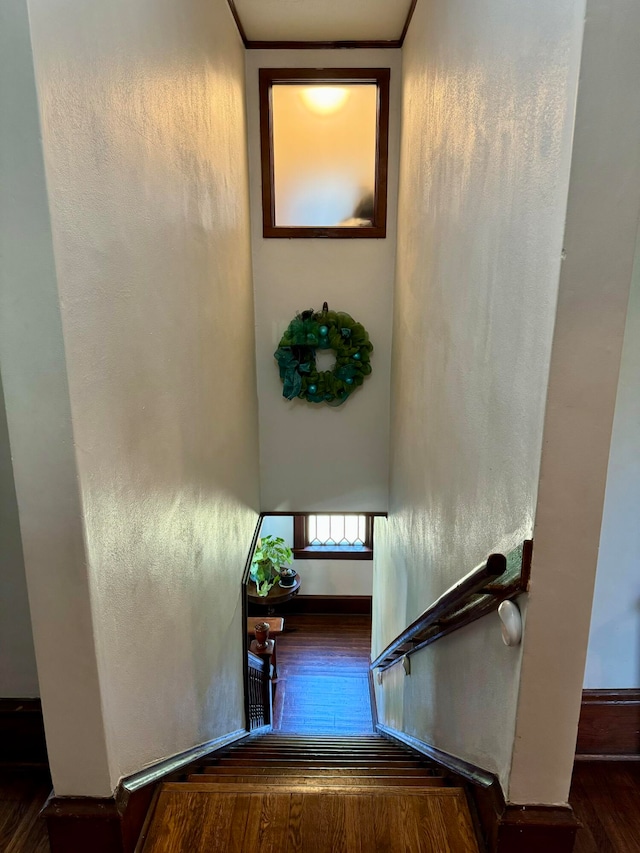 stairway featuring hardwood / wood-style flooring and ornamental molding