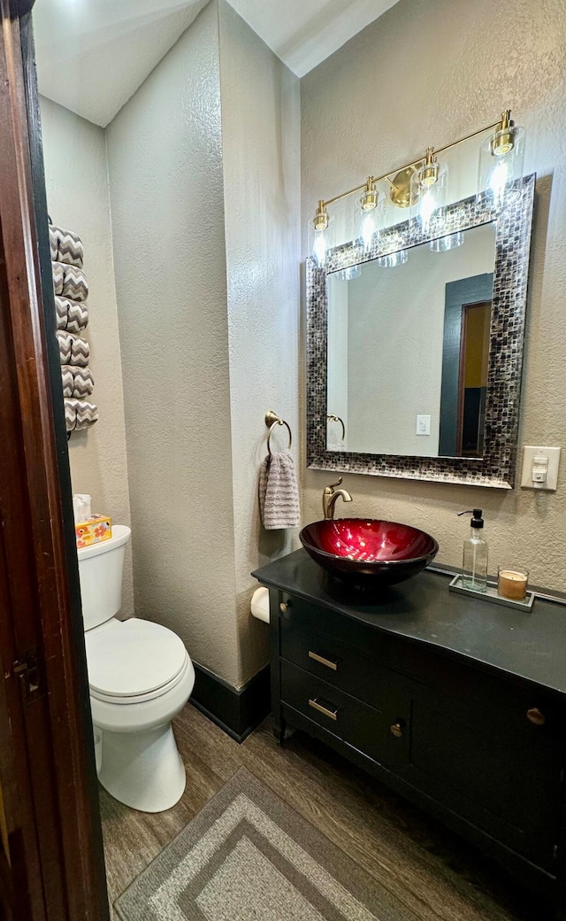 bathroom with hardwood / wood-style floors, vanity, and toilet