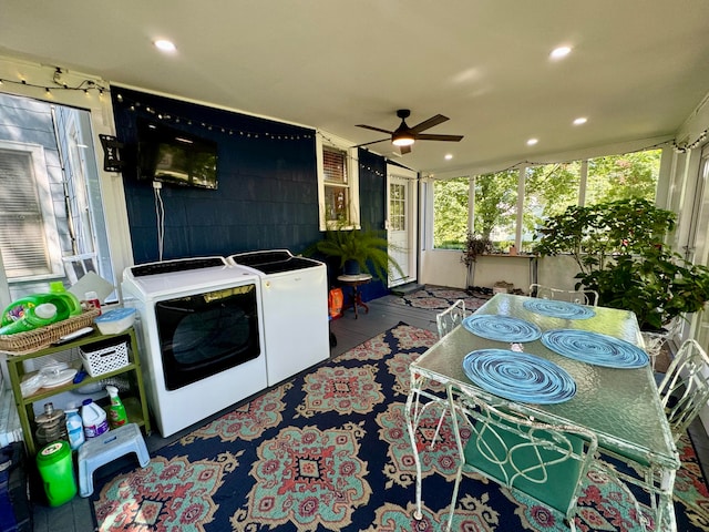 exterior space with ceiling fan