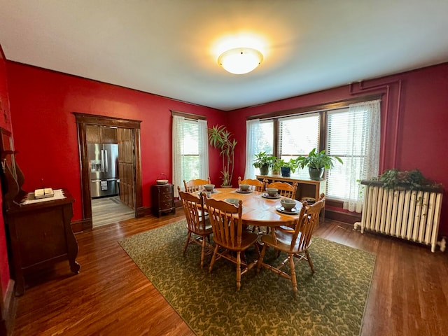 dining room featuring radiator heating unit and dark wood-type flooring