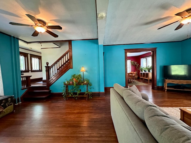 living room with vaulted ceiling, ceiling fan, dark hardwood / wood-style flooring, and a textured ceiling