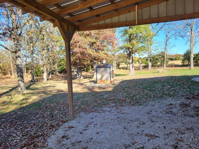 view of yard featuring a storage shed