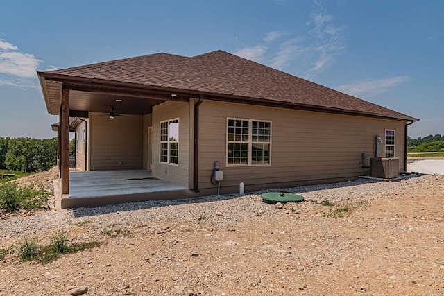 162 Mountain View Cir, Branson West, MO 65737 - rear view of property with ceiling fan, a shingled roof, a patio area, and central AC unit
