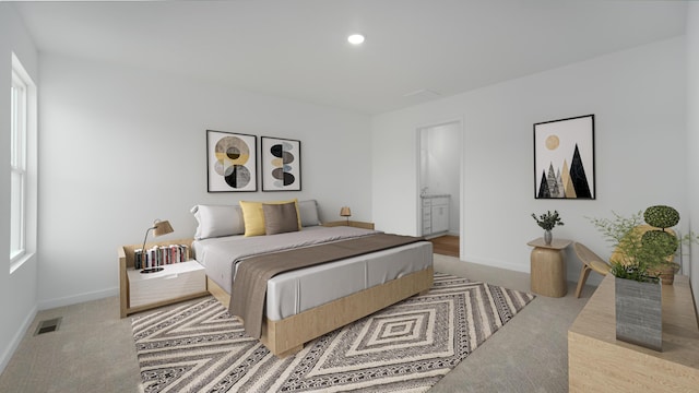 bedroom featuring recessed lighting, baseboards, visible vents, and carpet