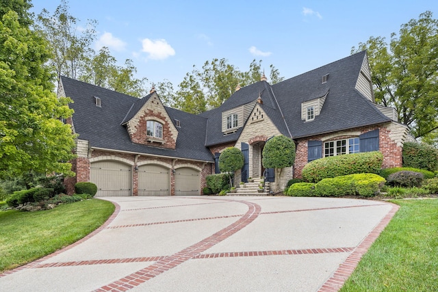 view of front of property with a garage, brick siding, a front yard, and concrete driveway