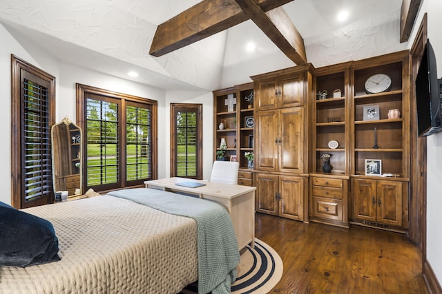 bedroom featuring dark hardwood / wood-style floors and lofted ceiling with beams