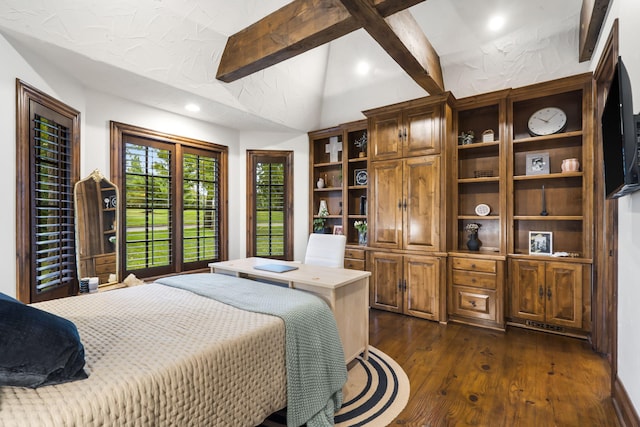 bedroom with dark wood-type flooring, vaulted ceiling, and recessed lighting