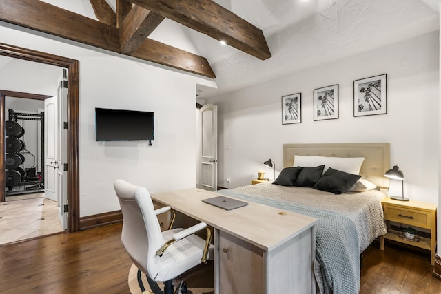 bedroom with wood-type flooring, baseboards, and lofted ceiling with beams