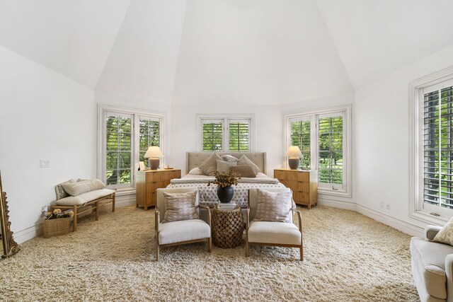 carpeted bedroom with high vaulted ceiling and baseboards