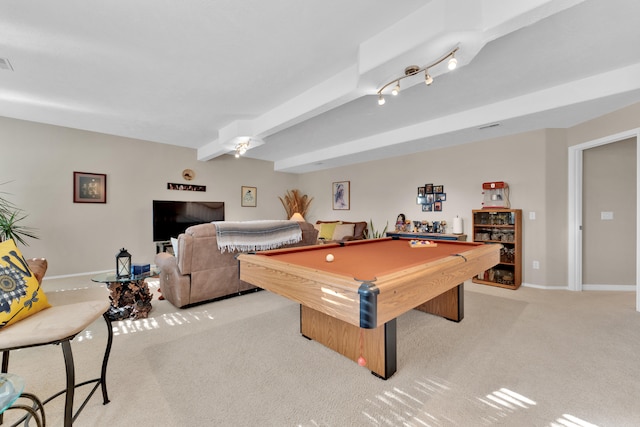 game room featuring pool table, beam ceiling, and light carpet